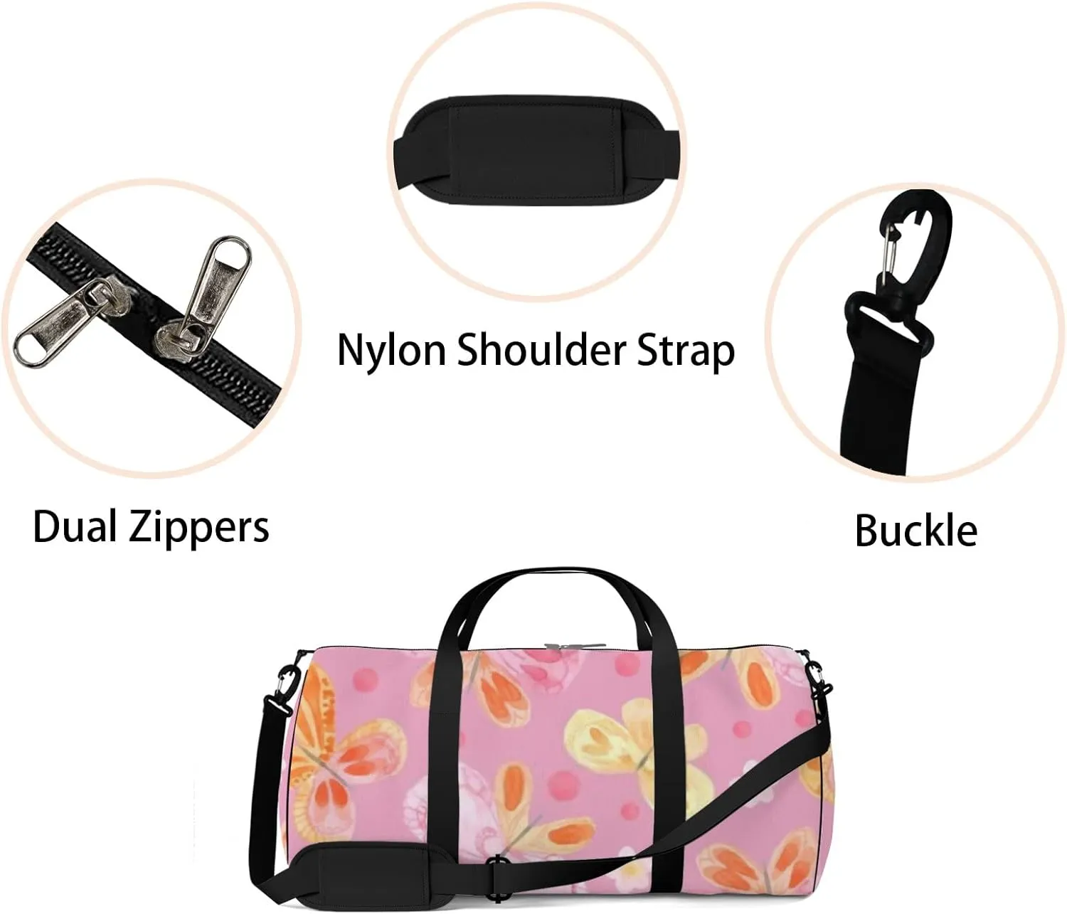 Sports Gym Bag for Women and Men Waterproof Cute Cartoon Butterflies Flowers Pink Duffel Bag Lightweight Carryon Traveling Boarding Gripsack