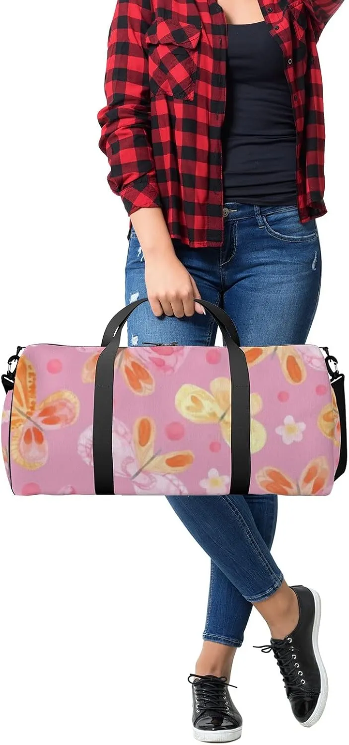 Sports Gym Bag for Women and Men Waterproof Cute Cartoon Butterflies Flowers Pink Duffel Bag Lightweight Carryon Traveling Boarding Gripsack