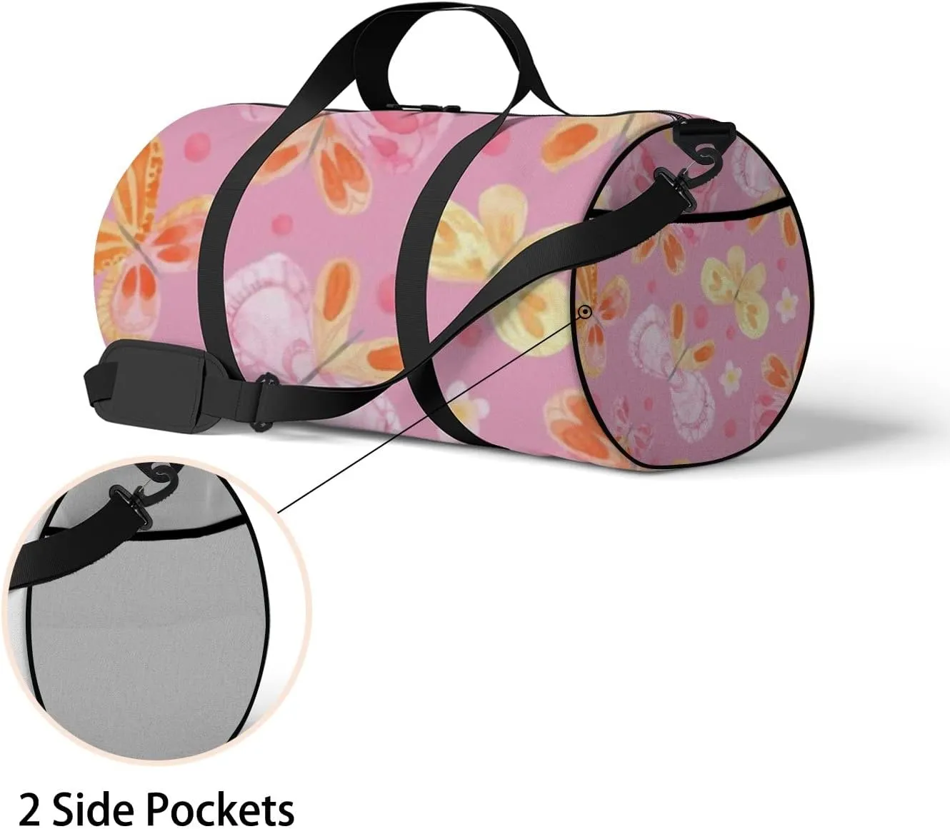 Sports Gym Bag for Women and Men Waterproof Cute Cartoon Butterflies Flowers Pink Duffel Bag Lightweight Carryon Traveling Boarding Gripsack