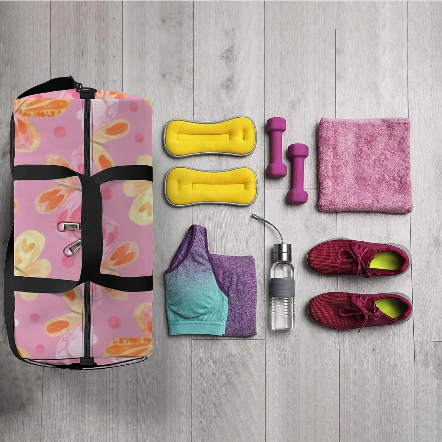 Sports Gym Bag for Women and Men Waterproof Cute Cartoon Butterflies Flowers Pink Duffel Bag Lightweight Carryon Traveling Boarding Gripsack