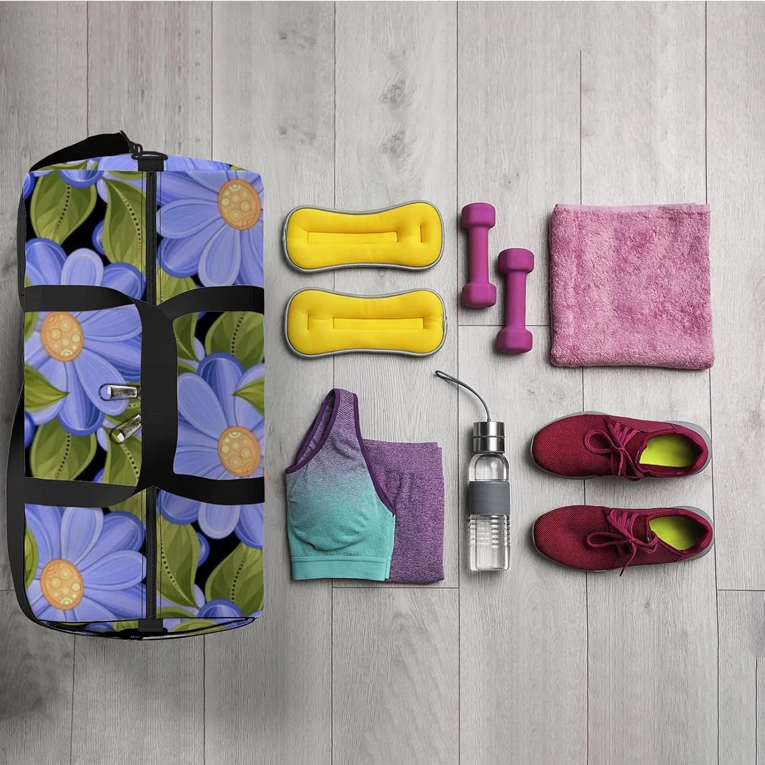 Sports Gym Bag for Women and Men Waterproof Floral Pattern Hand Drawn Style Purple Duffel Bag Lightweight Carryon Traveling Boarding Gripsack