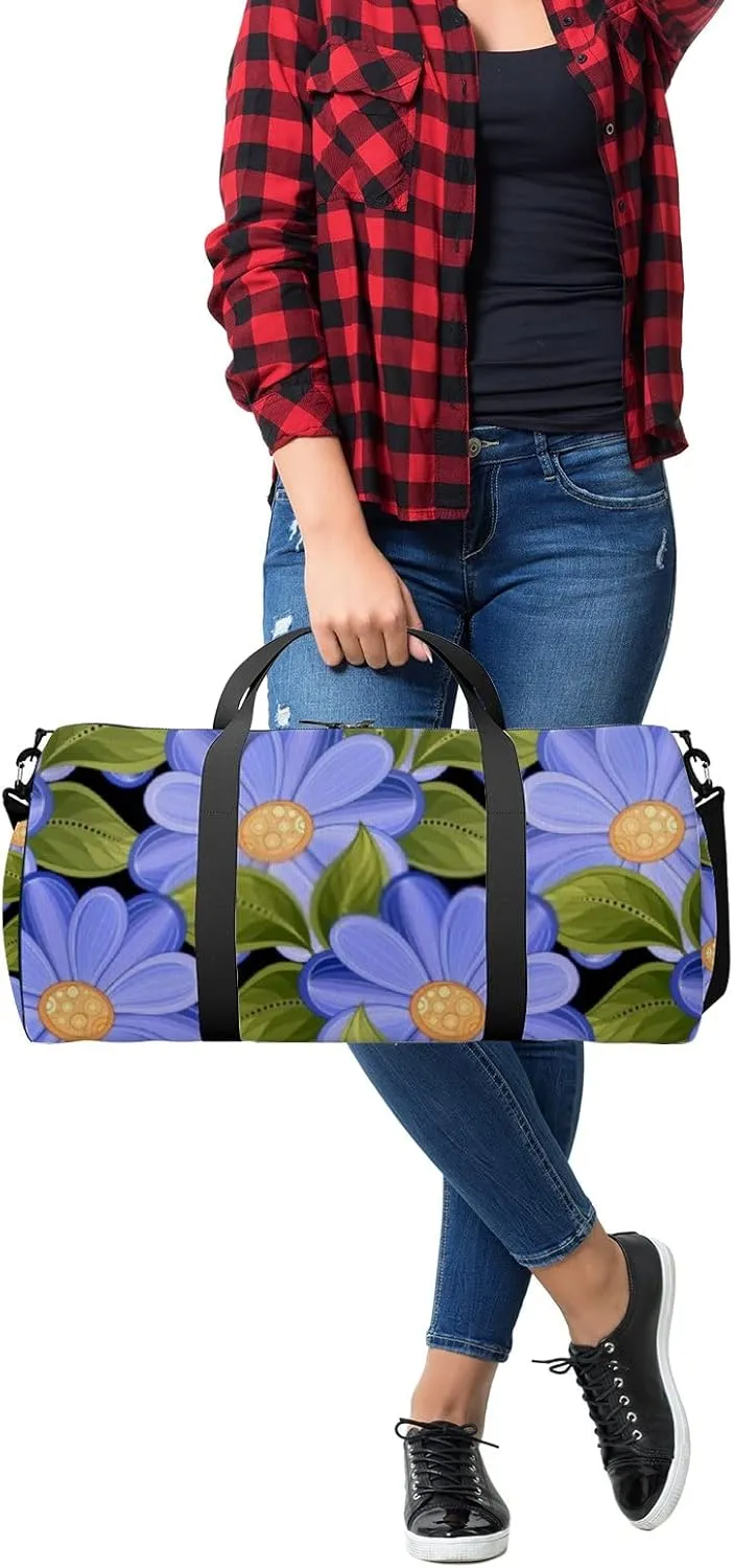 Sports Gym Bag for Women and Men Waterproof Floral Pattern Hand Drawn Style Purple Duffel Bag Lightweight Carryon Traveling Boarding Gripsack
