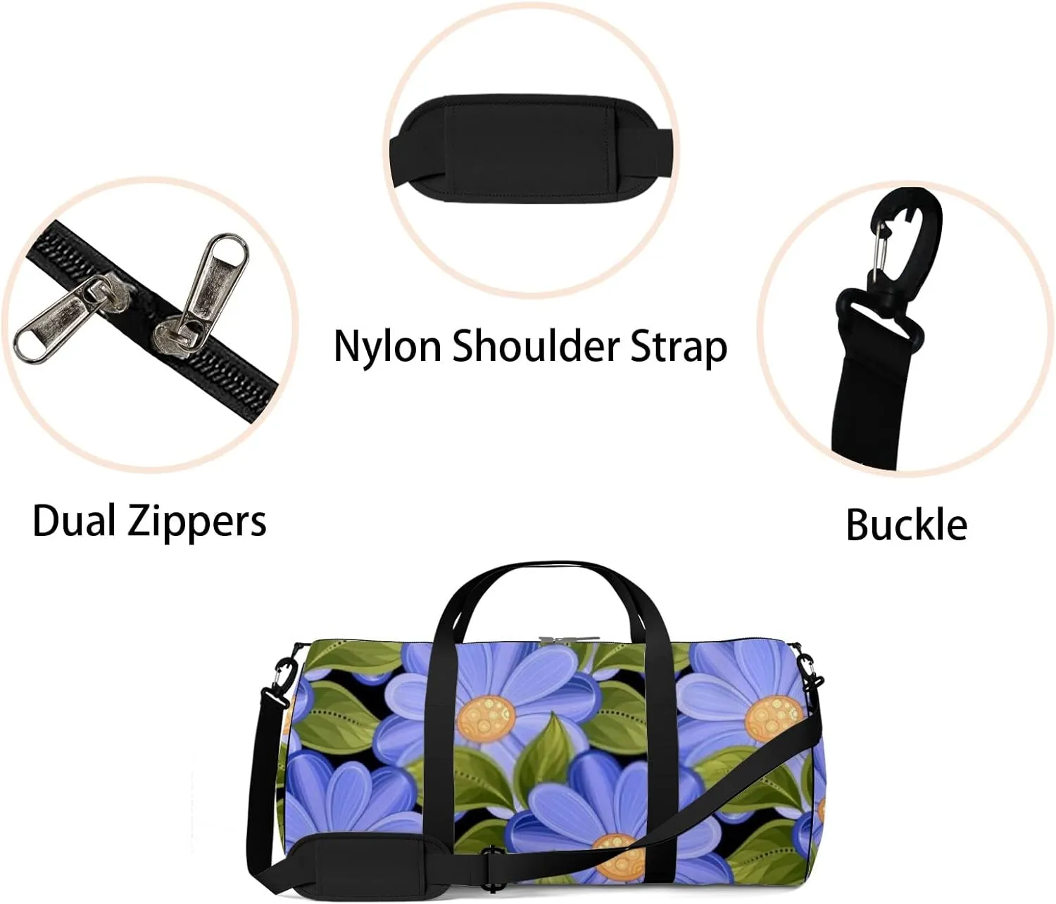 Sports Gym Bag for Women and Men Waterproof Floral Pattern Hand Drawn Style Purple Duffel Bag Lightweight Carryon Traveling Boarding Gripsack