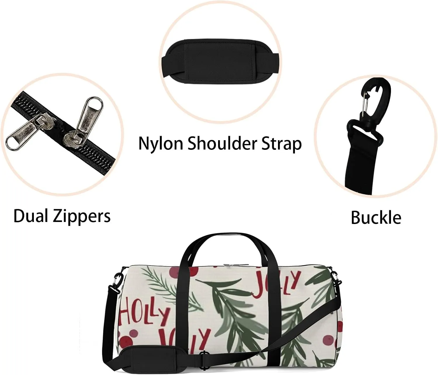 Sports Gym Bag for Women and Men Waterproof Holly Leaf Berries White Christmas Red Green Leaf Duffel Bag Lightweight Carryon Traveling Boarding Gripsack