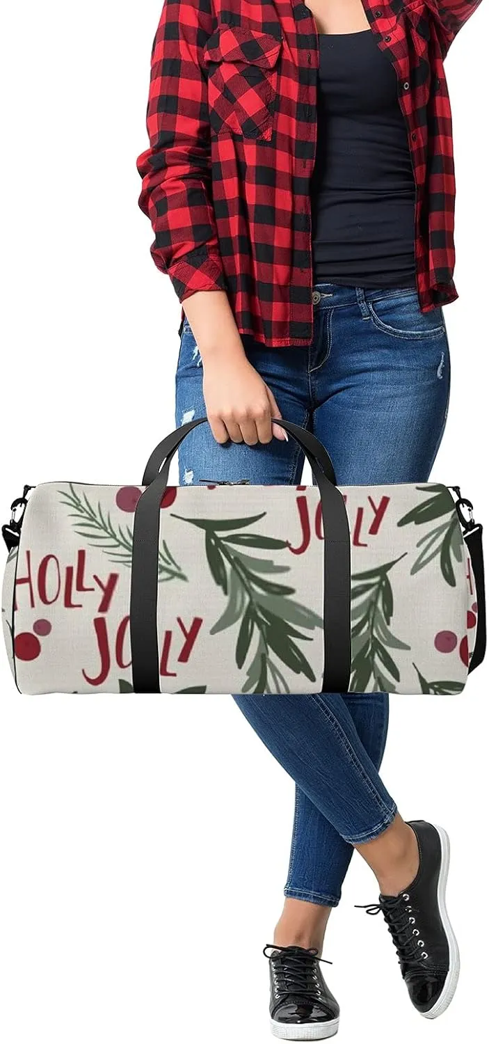 Sports Gym Bag for Women and Men Waterproof Holly Leaf Berries White Christmas Red Green Leaf Duffel Bag Lightweight Carryon Traveling Boarding Gripsack