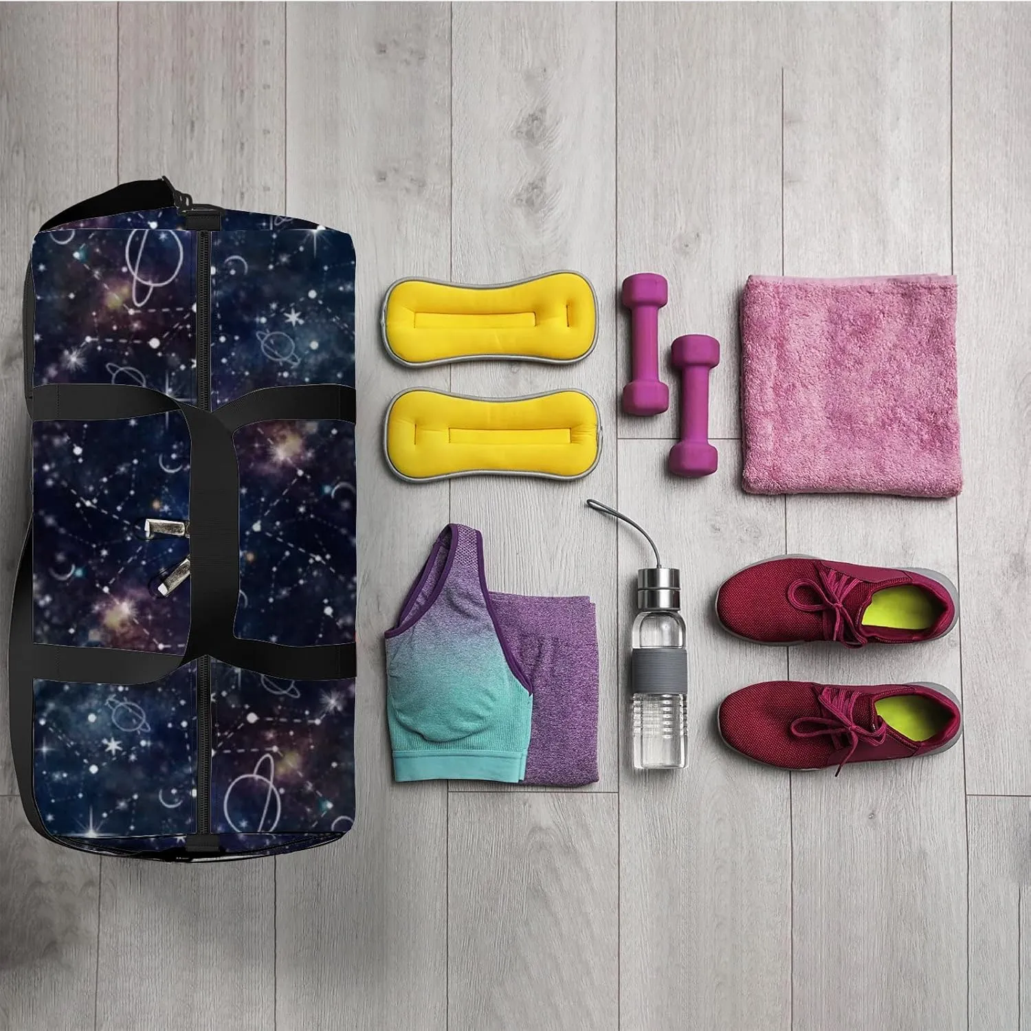 Sports Gym Bag for Women and Men Waterproof Night Time Planet Star Dark Black Duffel Bag Lightweight Carryon Traveling Boarding Gripsack