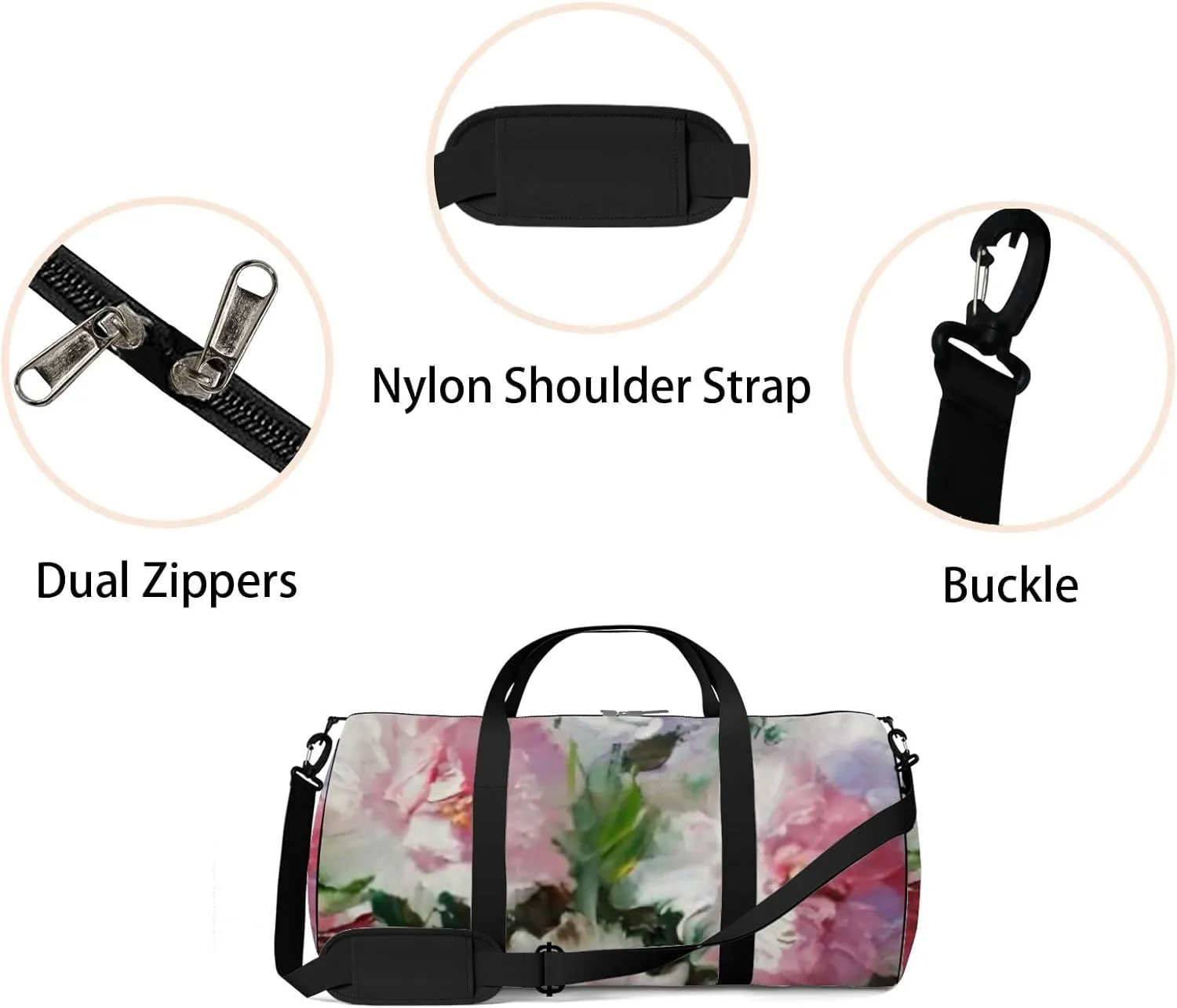 Sports Gym Bag for Women and Men Waterproof Oil Painting Light Pink Peonies Duffel Bag Lightweight Carryon Traveling Boarding Gripsack