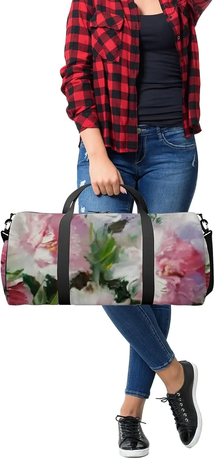 Sports Gym Bag for Women and Men Waterproof Oil Painting Light Pink Peonies Duffel Bag Lightweight Carryon Traveling Boarding Gripsack