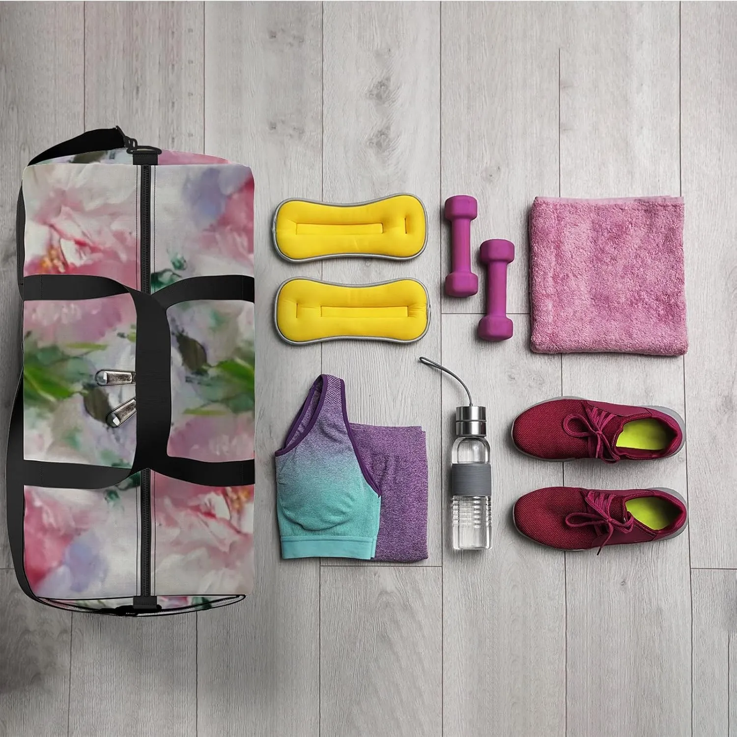 Sports Gym Bag for Women and Men Waterproof Oil Painting Light Pink Peonies Duffel Bag Lightweight Carryon Traveling Boarding Gripsack