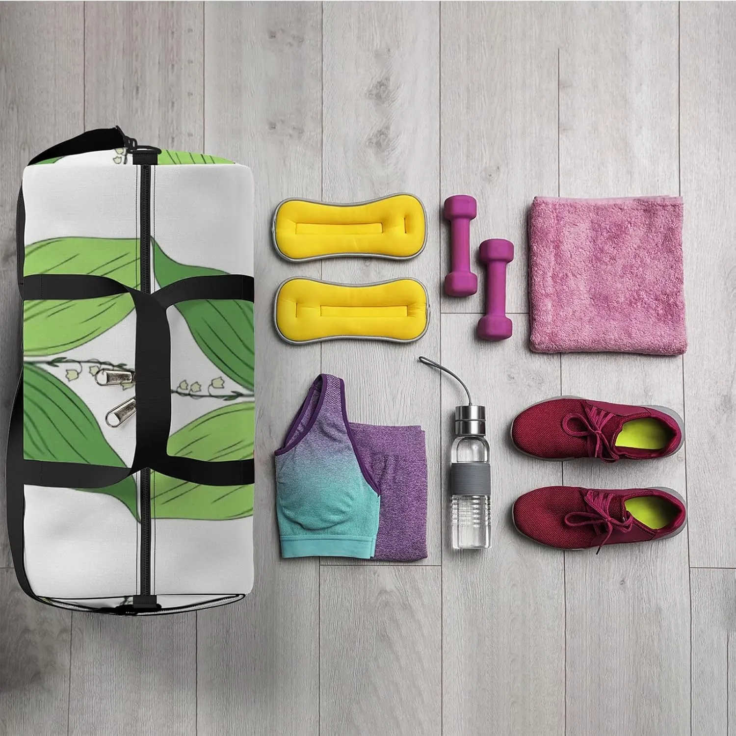 Sports Gym Bag for Women and Men Waterproof Sketch Doodle Plant Green Duffel Bag Lightweight Carryon Traveling Boarding Gripsack