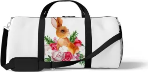 Sports Gym Bag for Women and Men Waterproof Watercolor Cute Rabbit and Red Flower Duffel Bag Lightweight Carryon Traveling Boarding Gripsack