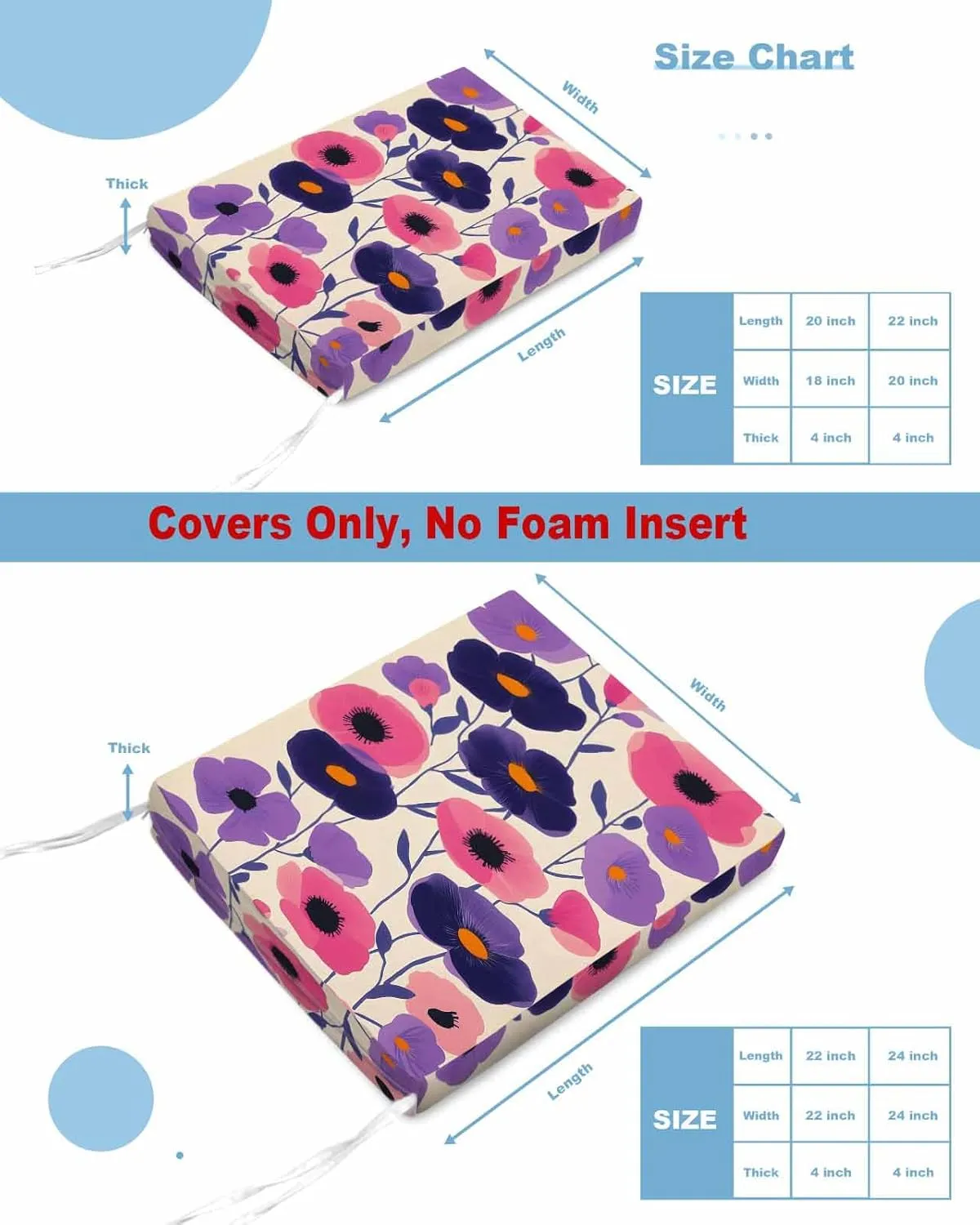 Spring Floral Outdoor Cushion Chair Cover Set of 2 - Waterproof Couch Seat Covers, Purple Pink Modern Abstract Art Pastoral Patio Furniture Protector Cushions Slipcovers for Sofa/RV, 22"x22"x4"