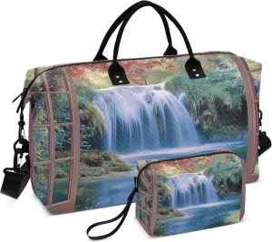 Spring Waterfall Out Of Window Travel Duffel Bags Carry on Weekender Overnight Bag Large for Airplane with Toiletry Bag for Men Women