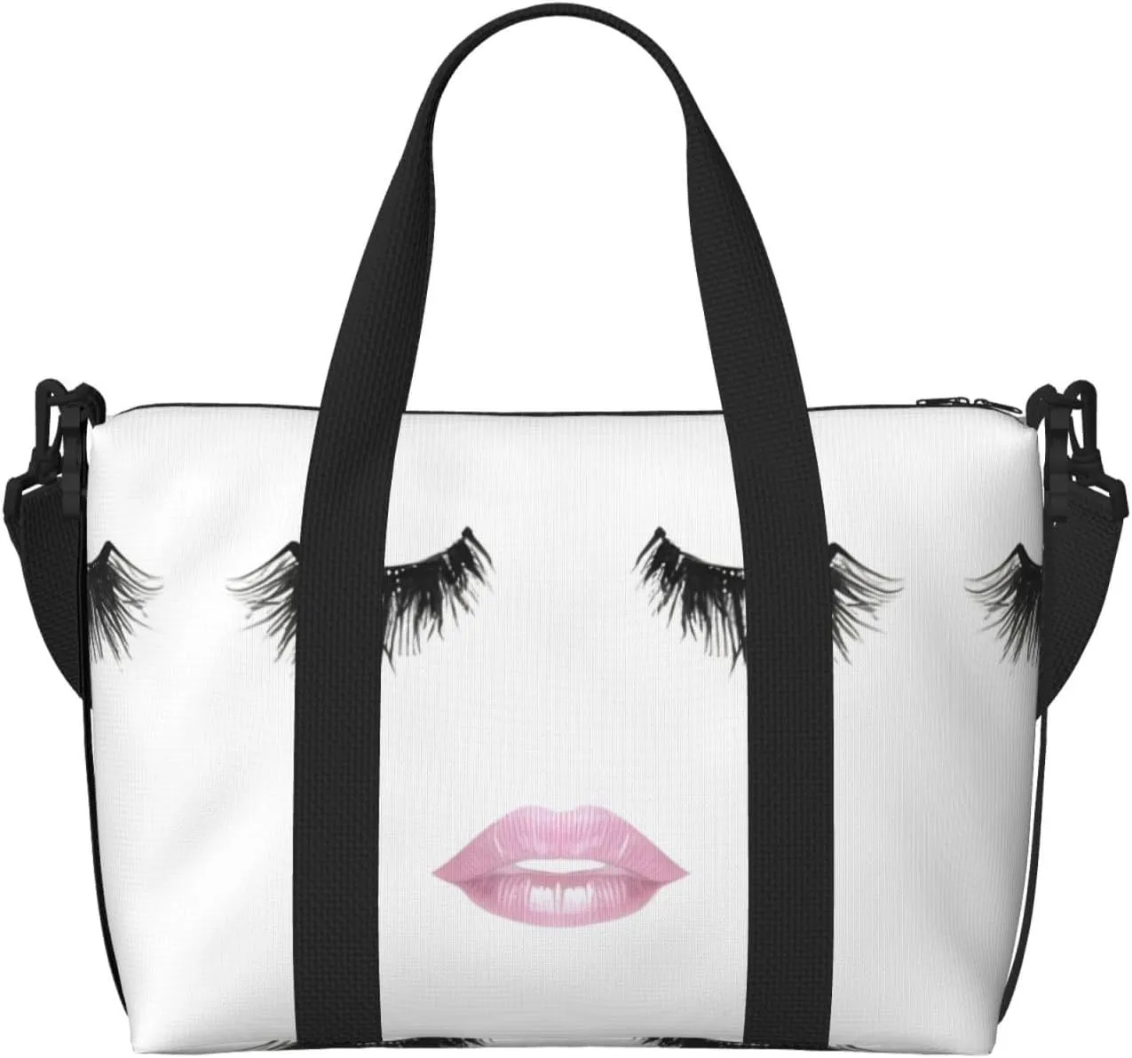 SSIMOO Eyelash Lip White Print Portable Travel Duffel Bag,Ideal For Business And Private Travel, Black
