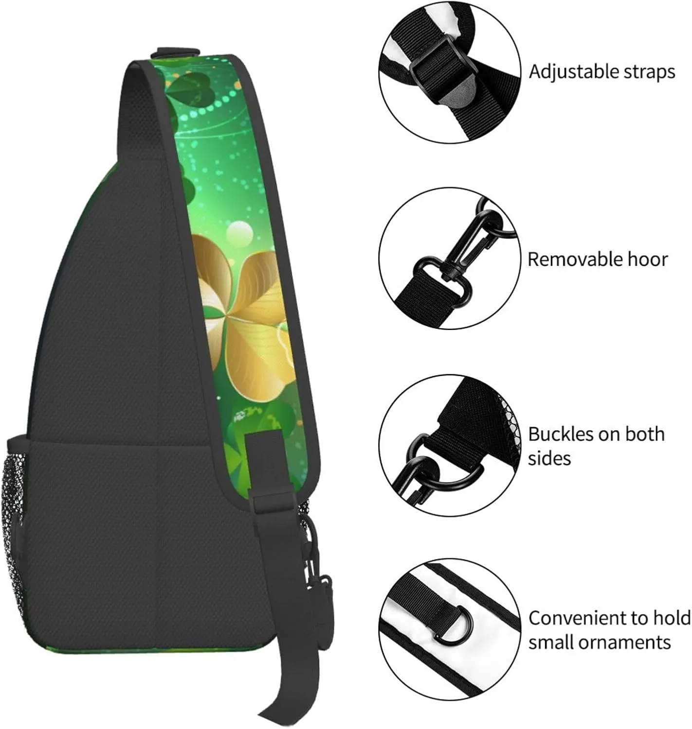 St Patricks Day Clover Crossbody Sling Bag For Women Men Adjustable Chest Bag Irish Green Clover Shoulder Bag Sling Backpack Daypack For Sport Travel Hiking