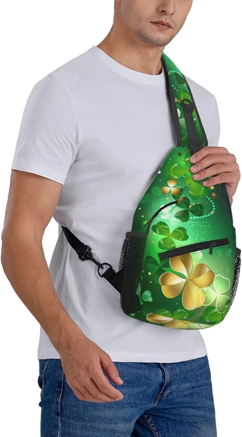 St Patricks Day Clover Crossbody Sling Bag For Women Men Adjustable Chest Bag Irish Green Clover Shoulder Bag Sling Backpack Daypack For Sport Travel Hiking