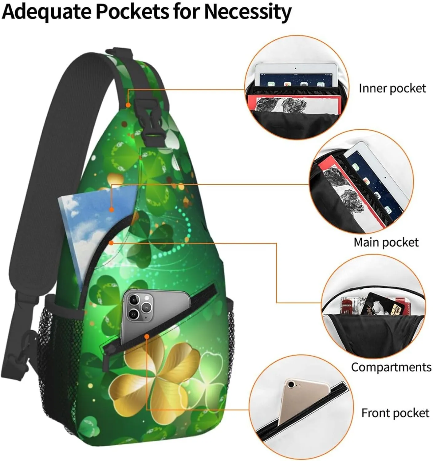 St Patricks Day Clover Crossbody Sling Bag For Women Men Adjustable Chest Bag Irish Green Clover Shoulder Bag Sling Backpack Daypack For Sport Travel Hiking