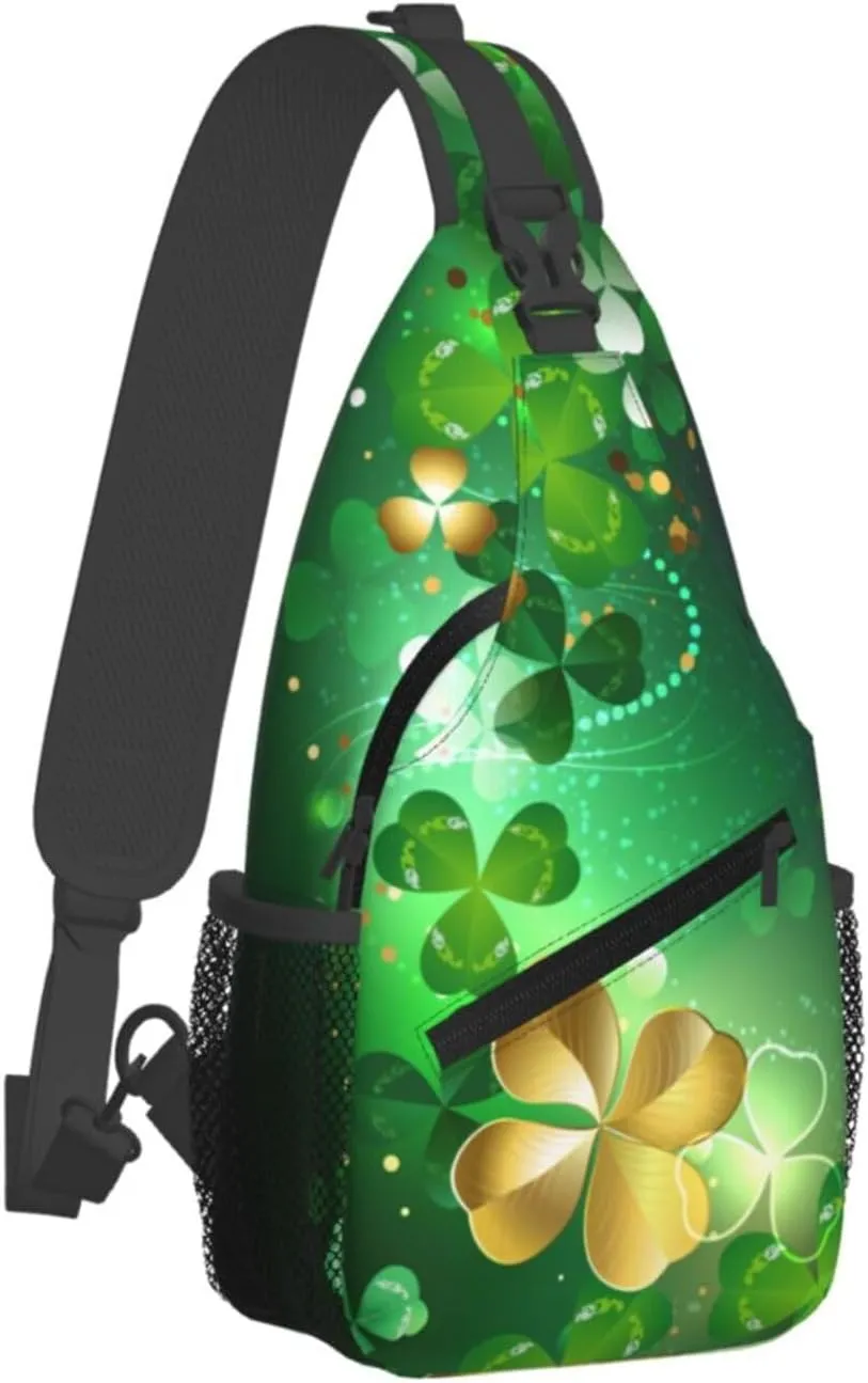 St Patricks Day Clover Crossbody Sling Bag For Women Men Adjustable Chest Bag Irish Green Clover Shoulder Bag Sling Backpack Daypack For Sport Travel Hiking