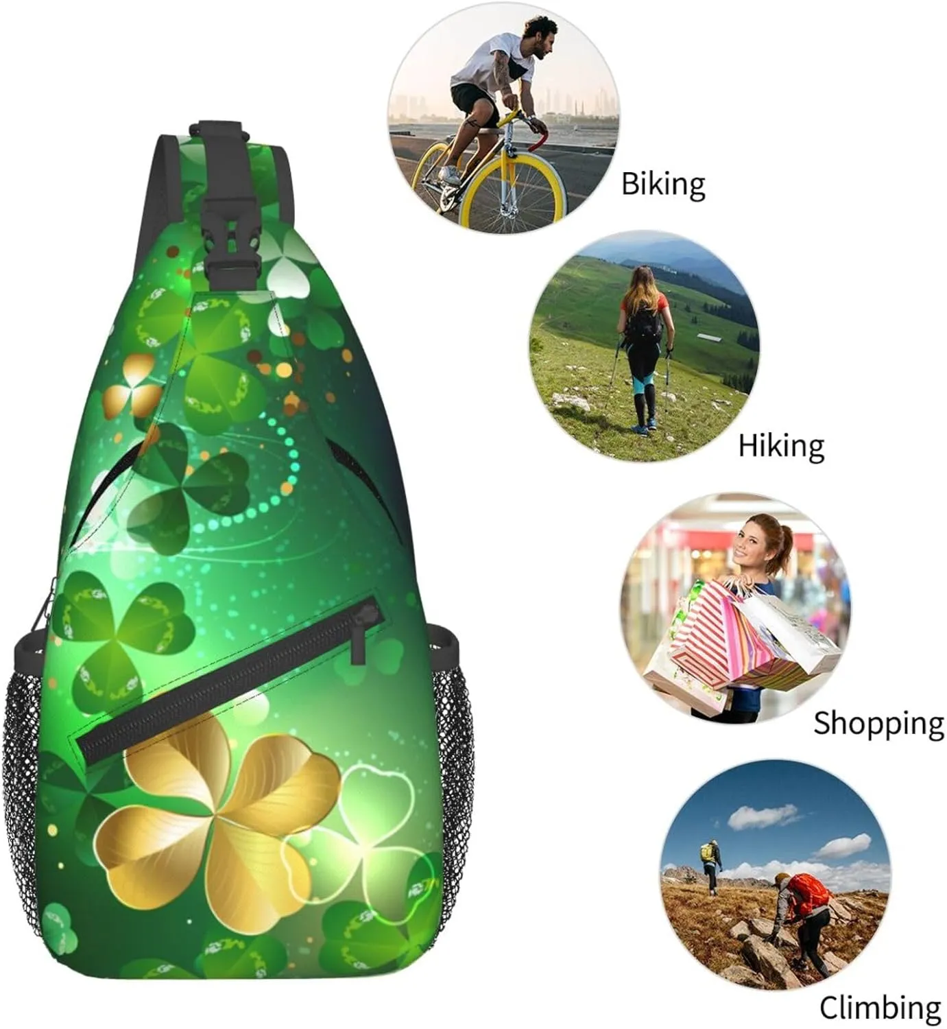 St Patricks Day Clover Crossbody Sling Bag For Women Men Adjustable Chest Bag Irish Green Clover Shoulder Bag Sling Backpack Daypack For Sport Travel Hiking
