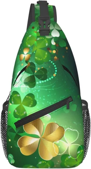 St Patricks Day Clover Crossbody Sling Bag For Women Men Adjustable Chest Bag Irish Green Clover Shoulder Bag Sling Backpack Daypack For Sport Travel Hiking