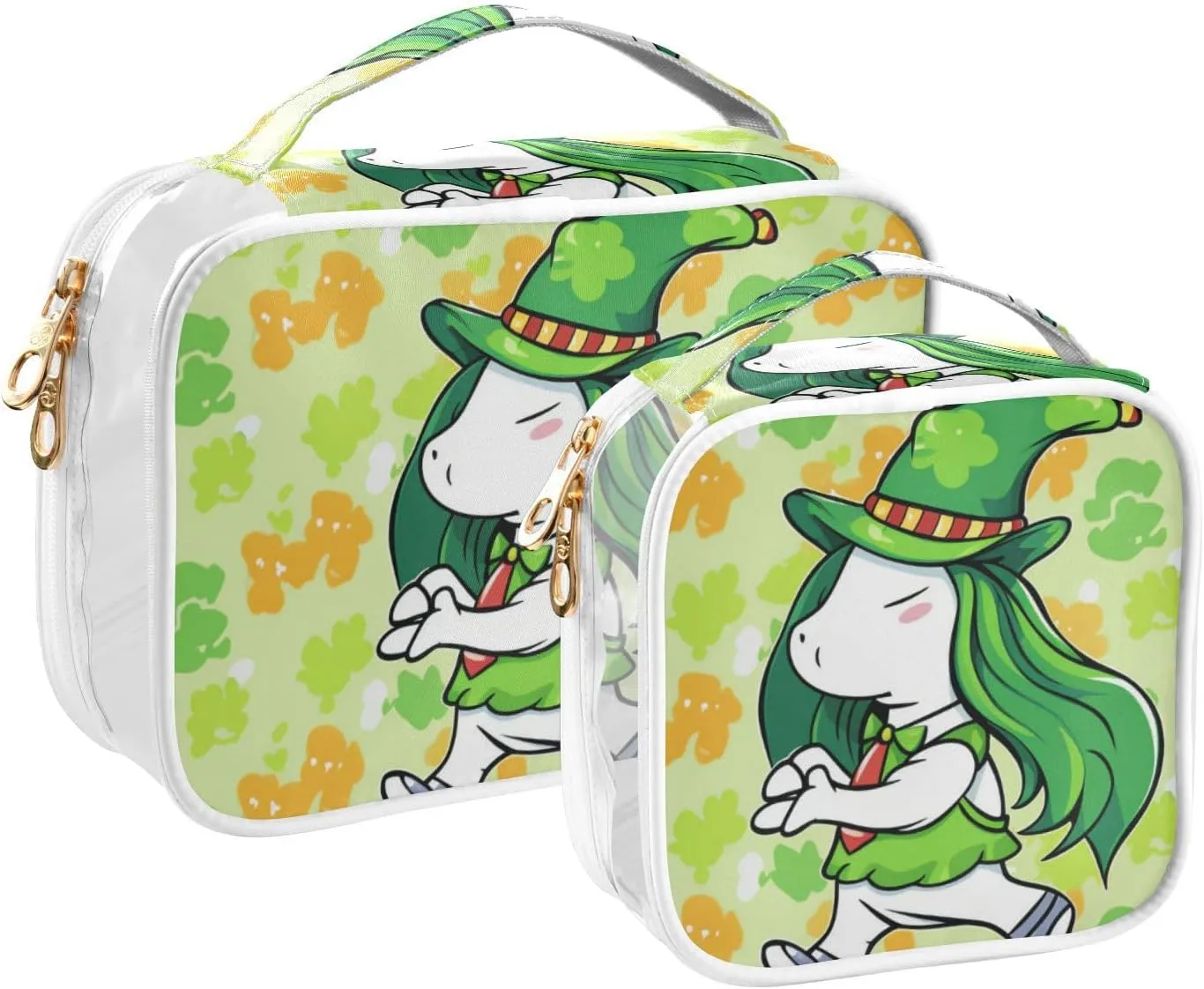 St. Patrick's Day Cute Pony Travel Toiletry Bag for Women 2 Pack Clear Makeup Bag with Handles Waterproof Cosmetic Bag