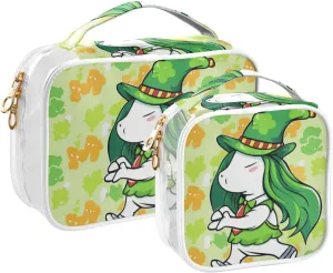 St. Patrick's Day Cute Pony Travel Toiletry Bag for Women 2 Pack Clear Makeup Bag with Handles Waterproof Cosmetic Bag