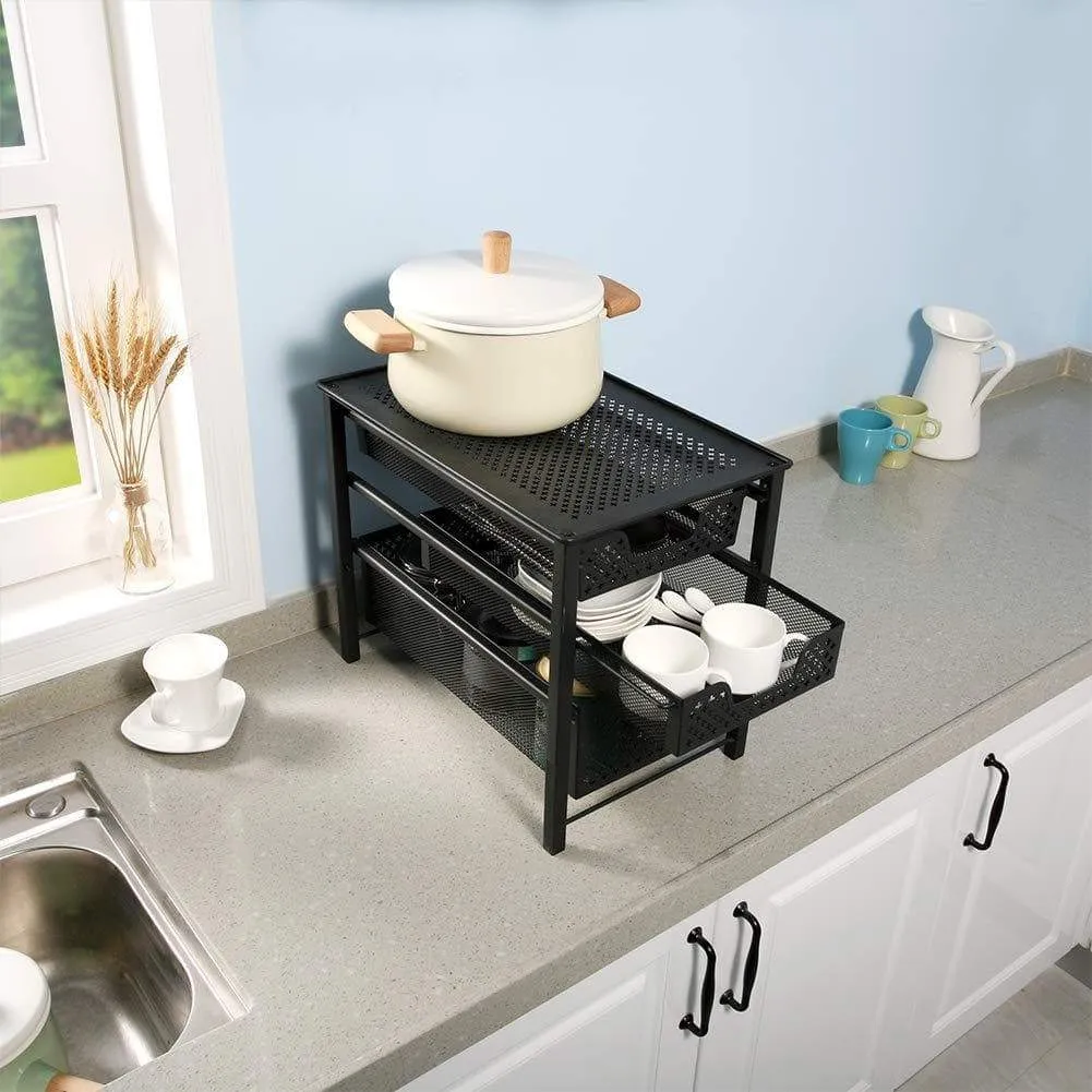 Stackable 2 Tier Organizer Baskets with Mesh Sliding Drawers, Ideal Cabinet, Countertop, Pantry, Under the Sink, and Desktop Organizer for Bathroom,Kitchen, Office.
