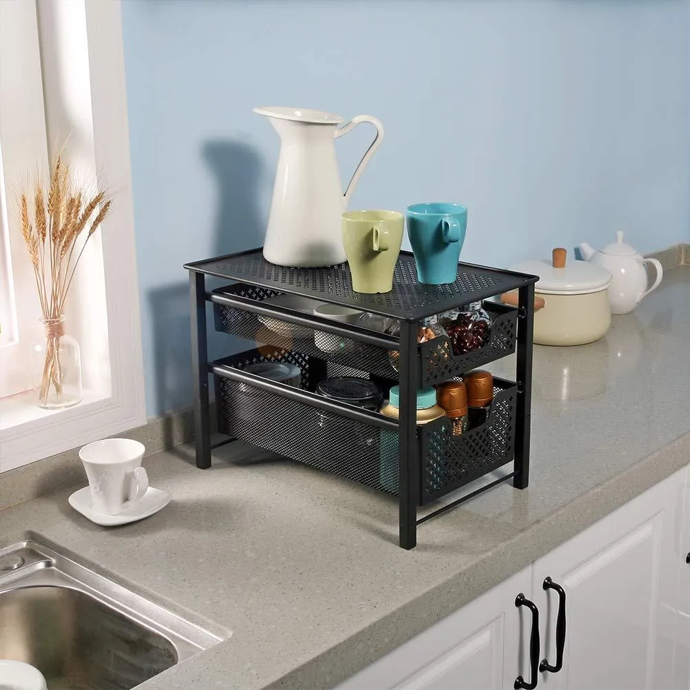Stackable 2 Tier Organizer Baskets with Mesh Sliding Drawers, Ideal Cabinet, Countertop, Pantry, Under the Sink, and Desktop Organizer for Bathroom,Kitchen, Office.