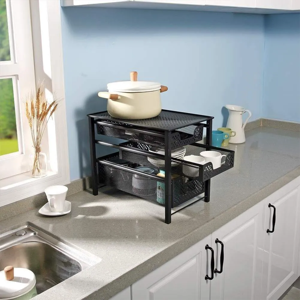 Stackable 2 Tier Organizer Baskets with Mesh Sliding Drawers, Ideal Cabinet, Countertop, Pantry, Under the Sink, and Desktop Organizer for Bathroom,Kitchen, Office.
