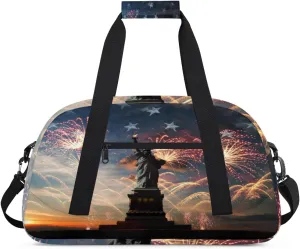 Statue Liberty Gym Duffel Bag for Men Women Star Fireworks Sports Tote Bag with Adjustable Shoulder Strap for Dance Gymnastics Traveling Outdoor Camping Overnight Stay