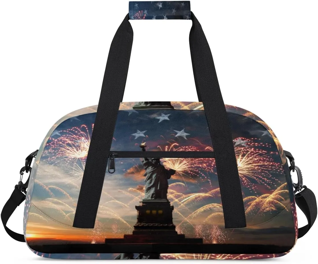 Statue Liberty Gym Duffel Bag for Men Women Star Fireworks Sports Tote Bag with Adjustable Shoulder Strap for Dance Gymnastics Traveling Outdoor Camping Overnight Stay