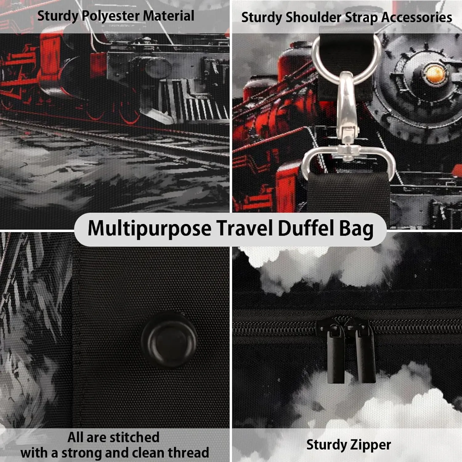 Steam Engine Travel Duffle Bag, Sports Gym Bags for Women Men, Carry On Weekender Overnight Workout Airplane Trips Bag