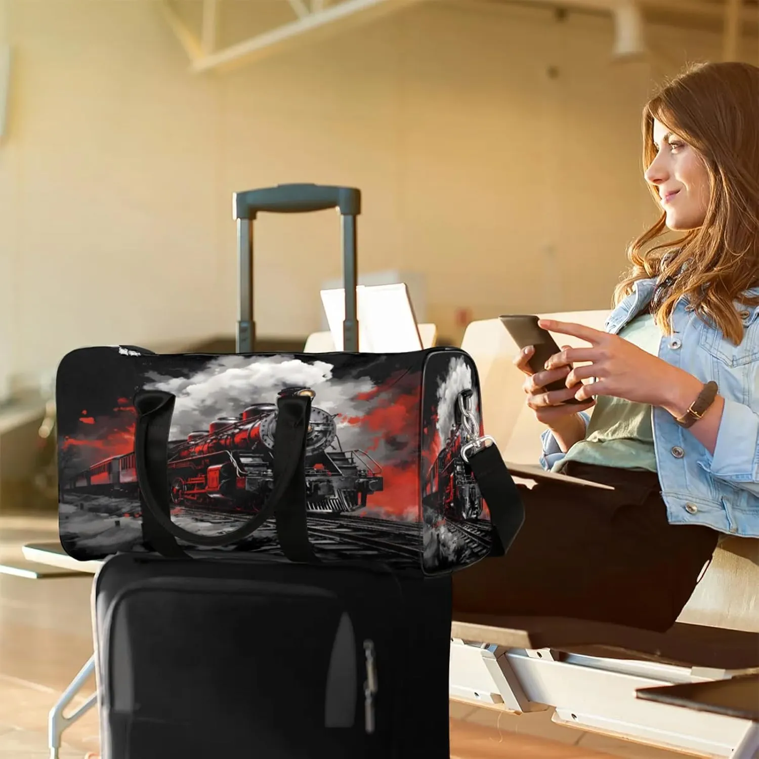 Steam Engine Travel Duffle Bag, Sports Gym Bags for Women Men, Carry On Weekender Overnight Workout Airplane Trips Bag