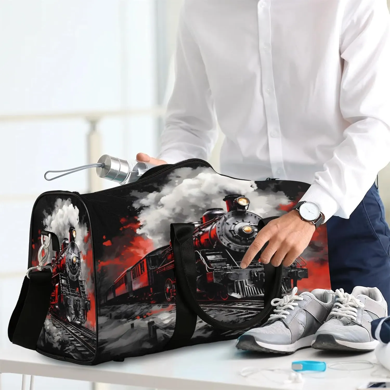 Steam Engine Travel Duffle Bag, Sports Gym Bags for Women Men, Carry On Weekender Overnight Workout Airplane Trips Bag