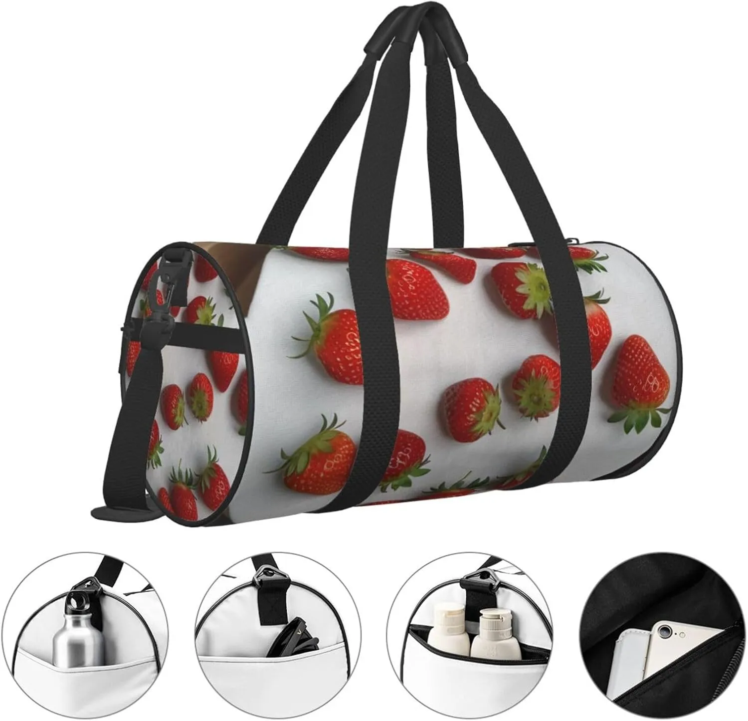 Strawberry Printed Travel Bag,Round Personal Item Storage bag,Foldie Duffel Bag for Traveling Vacation,Fitness,Sports