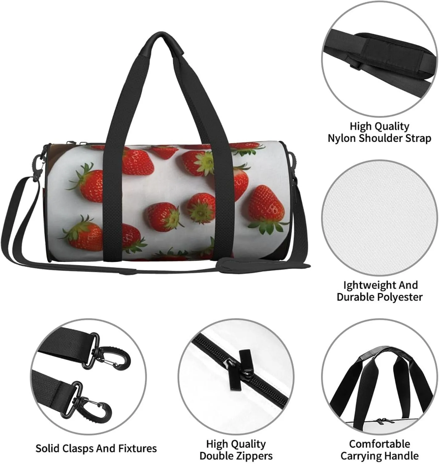 Strawberry Printed Travel Bag,Round Personal Item Storage bag,Foldie Duffel Bag for Traveling Vacation,Fitness,Sports