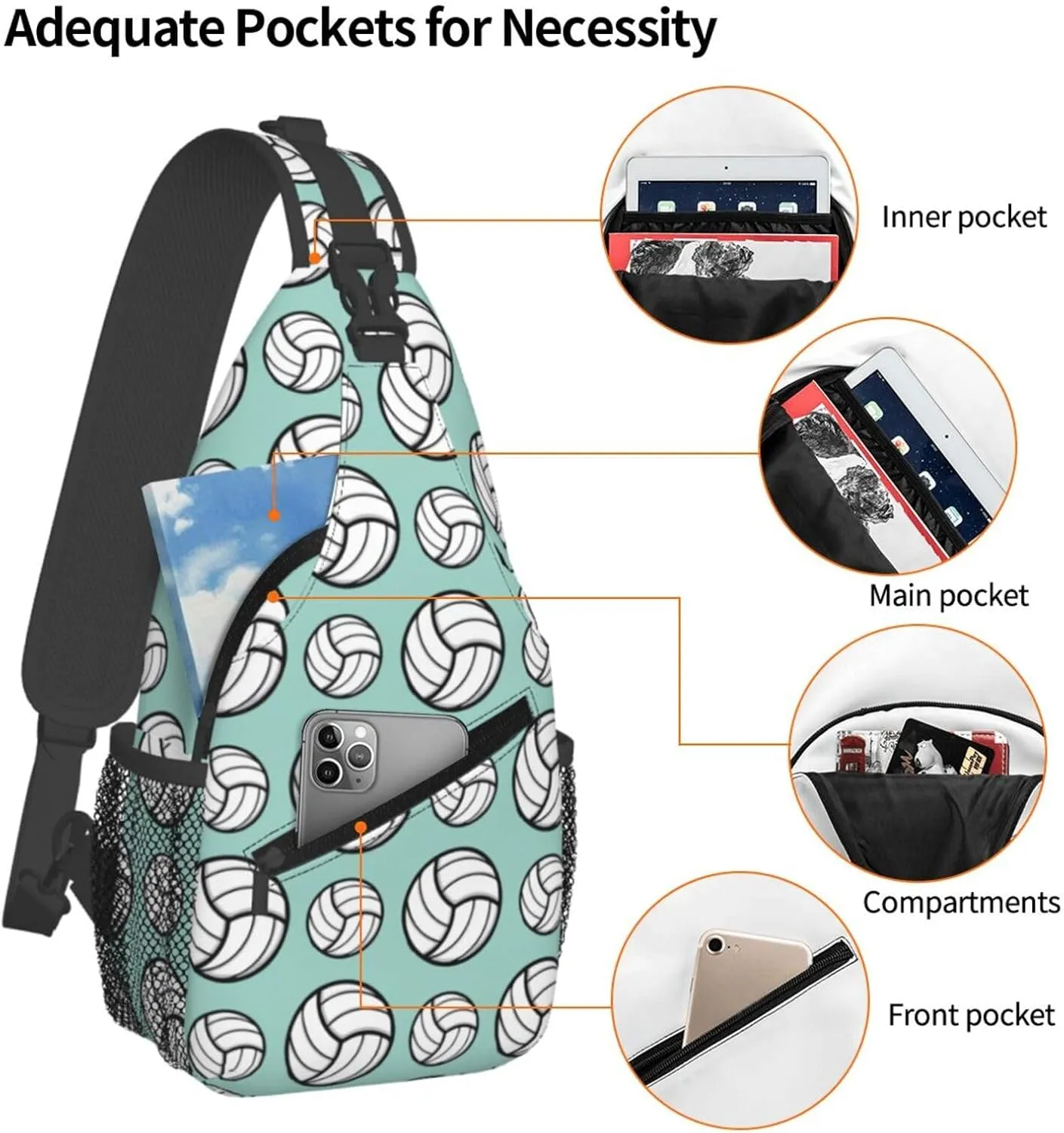 Sturdy Anti Theft Sling Bag for Volleyball Sport Pattern Min Green Shoulder Chest Bag Multipurpose Cross Body Backpack Lightweight Casual Daypack