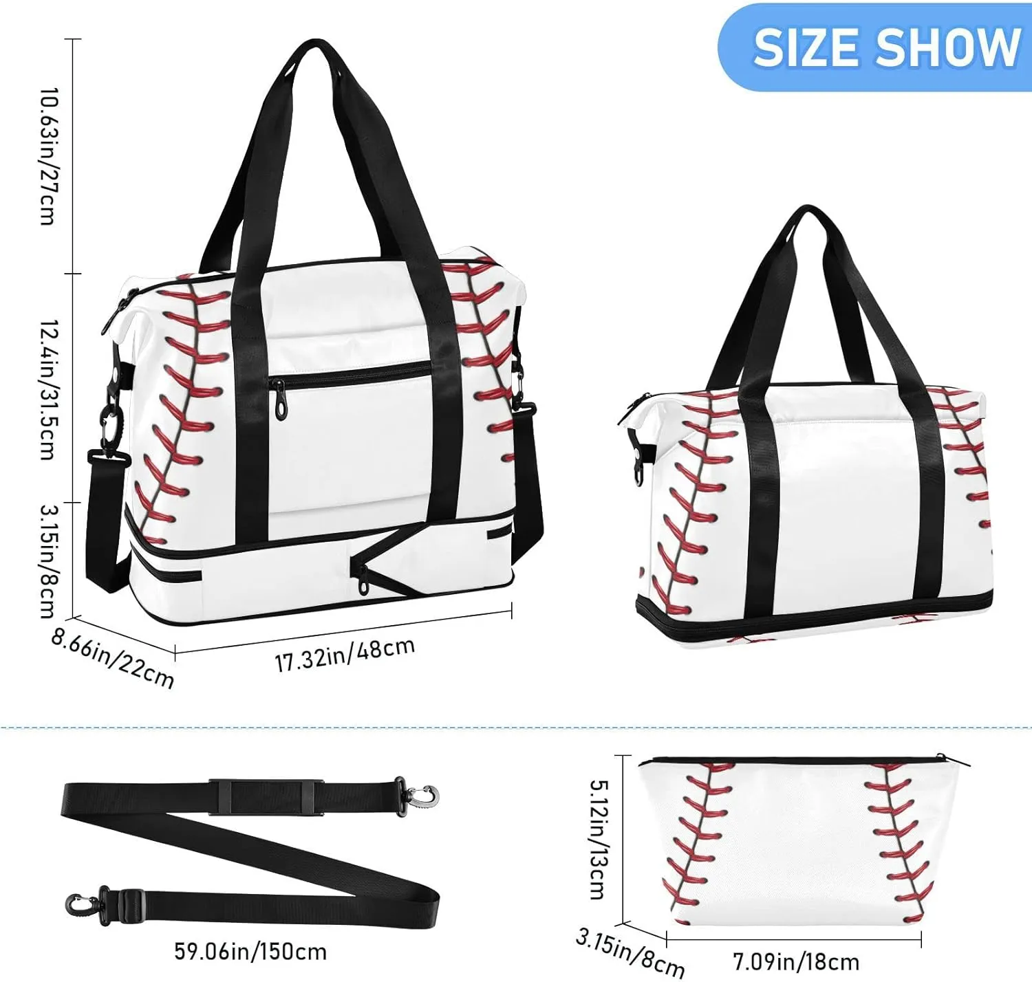 SUABO Travel Duffel Bag, Baseball Red Ball Line Sports Tote Gym Bag for Travel, Shoulder Weekender Overnight Bag for Women Men