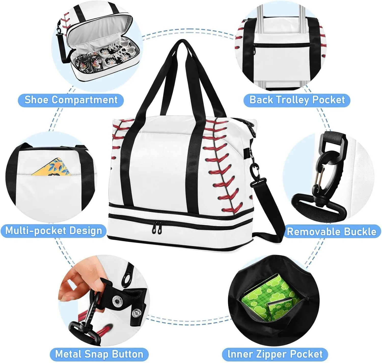 SUABO Travel Duffel Bag, Baseball Red Ball Line Sports Tote Gym Bag for Travel, Shoulder Weekender Overnight Bag for Women Men