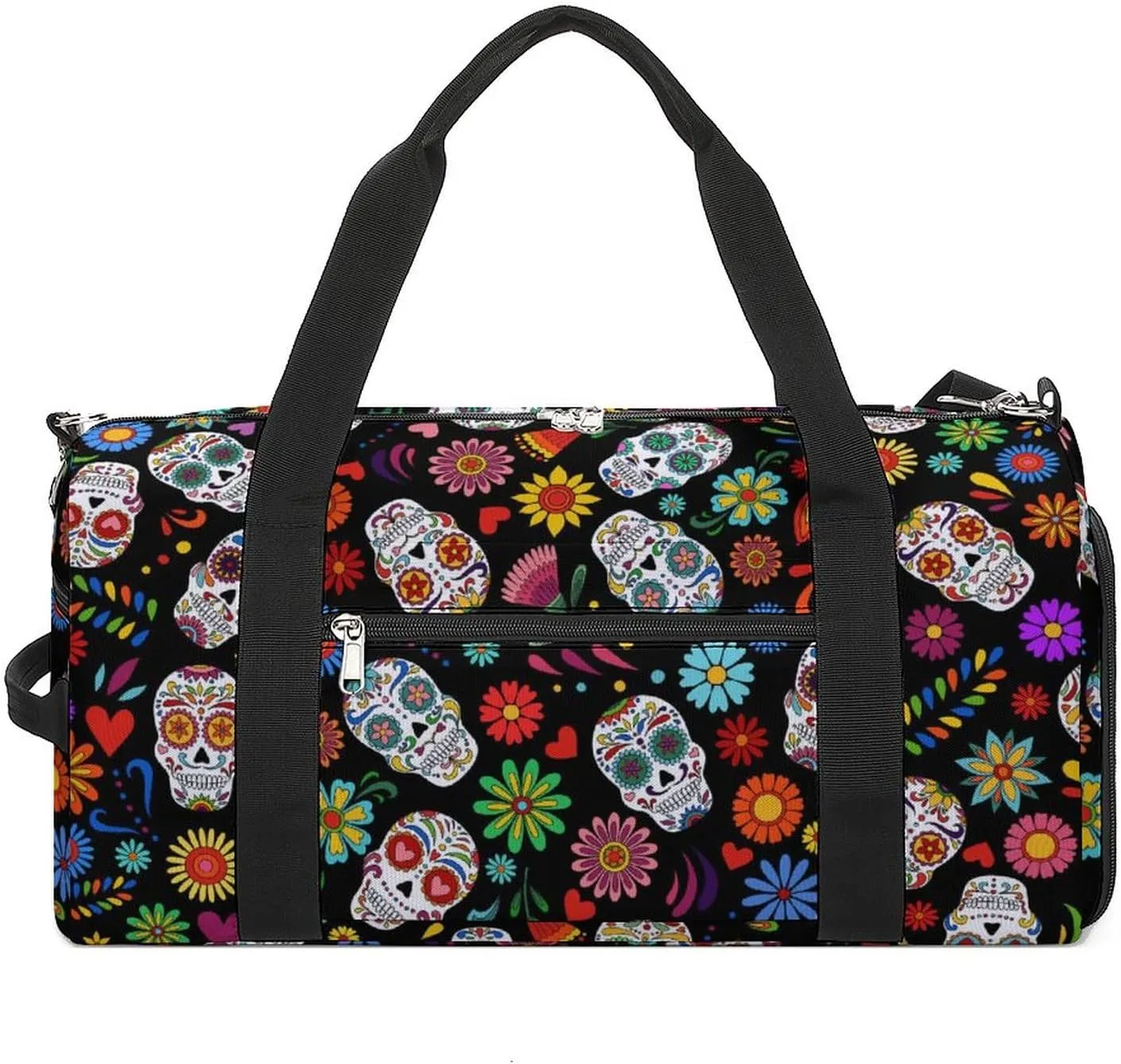 Sugar Skull Pattern Sports Tote Gym Bag for Women Men, Overnight Bag with Shoe Compartment Water Resistant