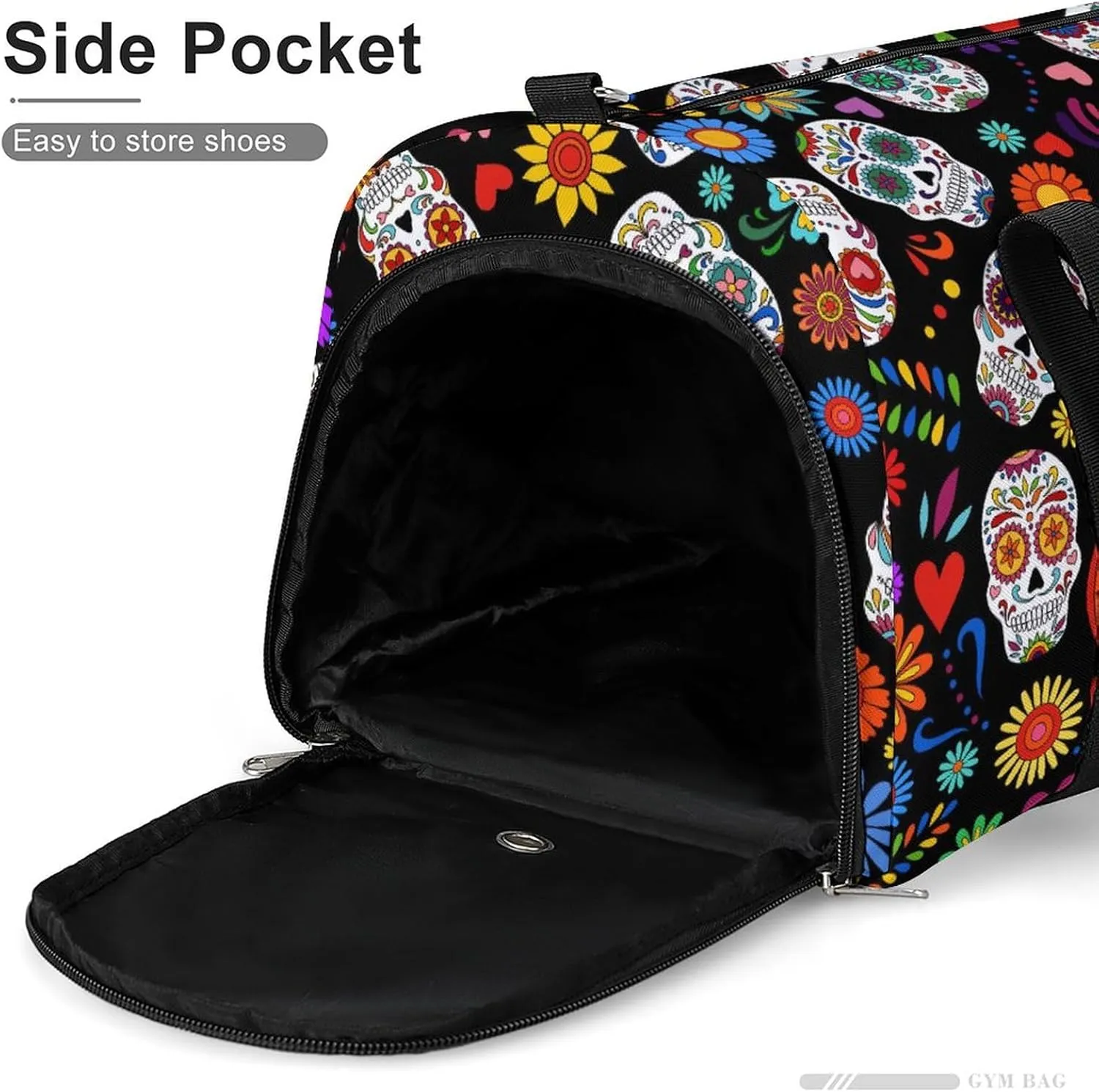 Sugar Skull Pattern Sports Tote Gym Bag for Women Men, Overnight Bag with Shoe Compartment Water Resistant