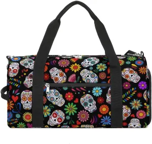 Sugar Skull Pattern Sports Tote Gym Bag for Women Men, Overnight Bag with Shoe Compartment Water Resistant