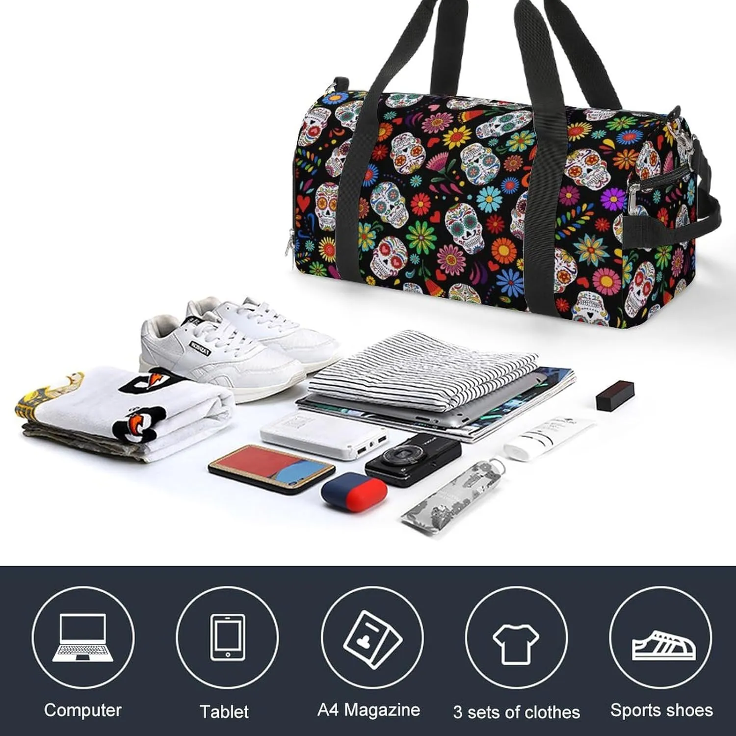 Sugar Skull Pattern Sports Tote Gym Bag for Women Men, Overnight Bag with Shoe Compartment Water Resistant