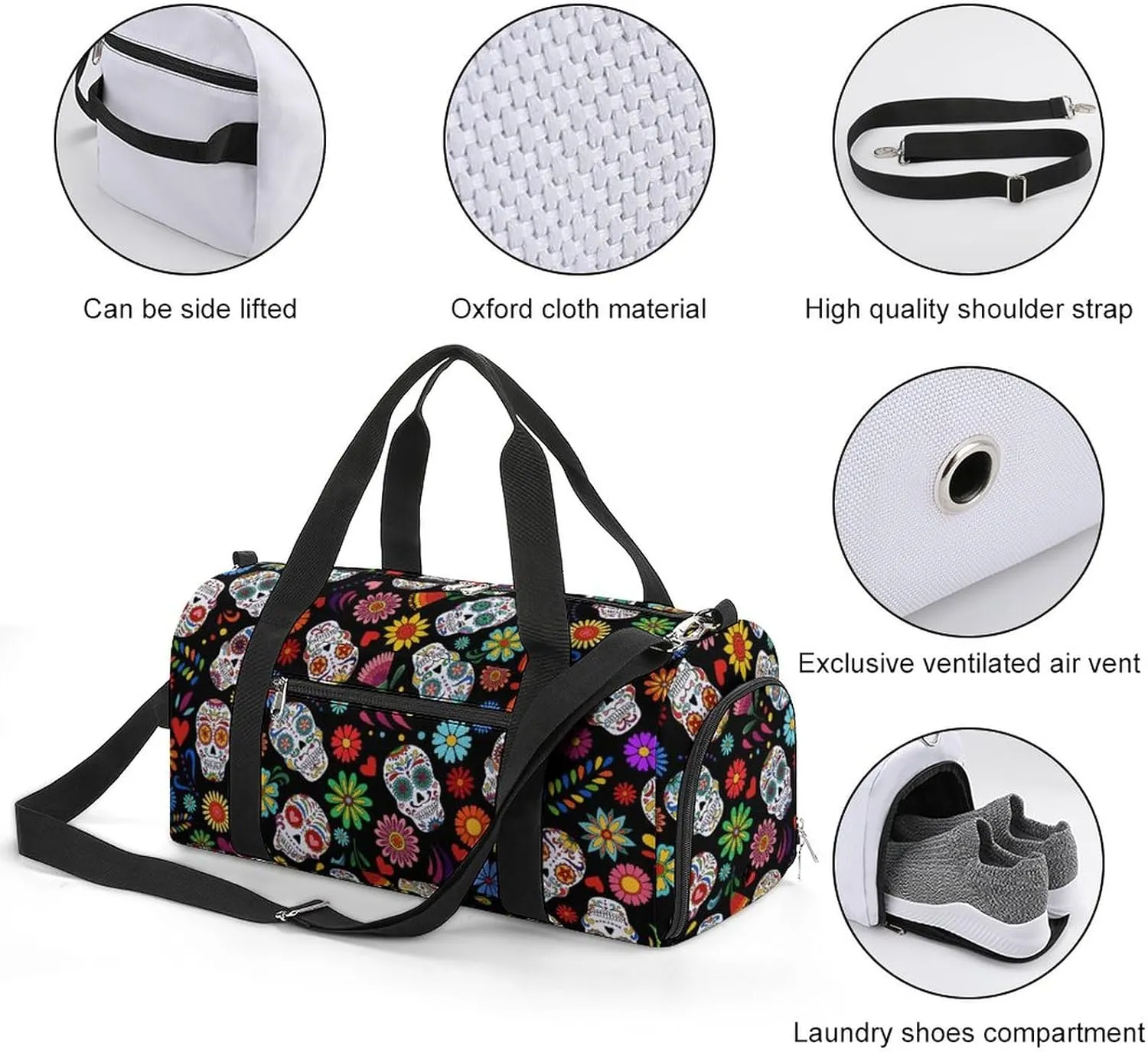 Sugar Skull Pattern Sports Tote Gym Bag for Women Men, Overnight Bag with Shoe Compartment Water Resistant