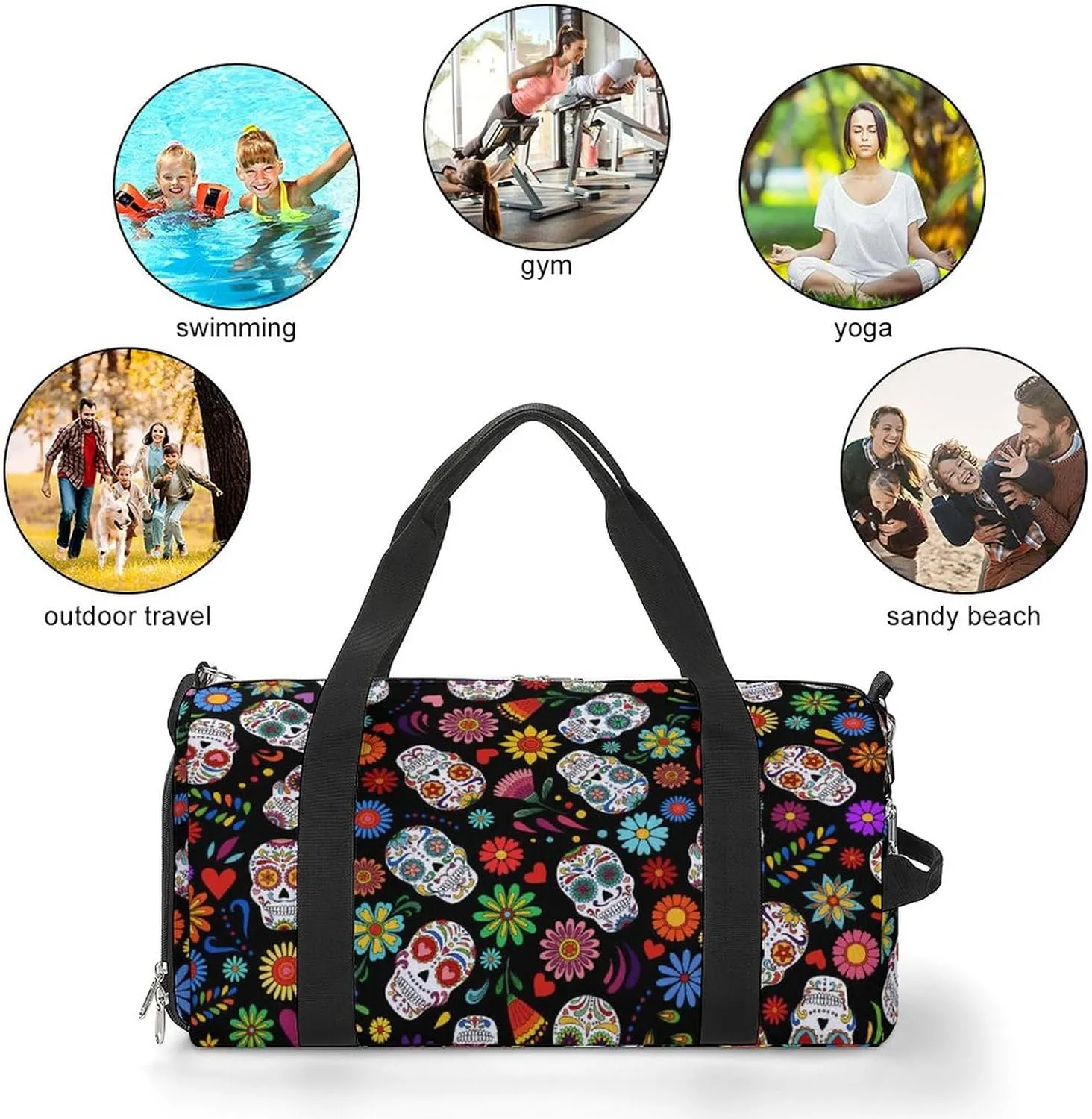 Sugar Skull Pattern Sports Tote Gym Bag for Women Men, Overnight Bag with Shoe Compartment Water Resistant