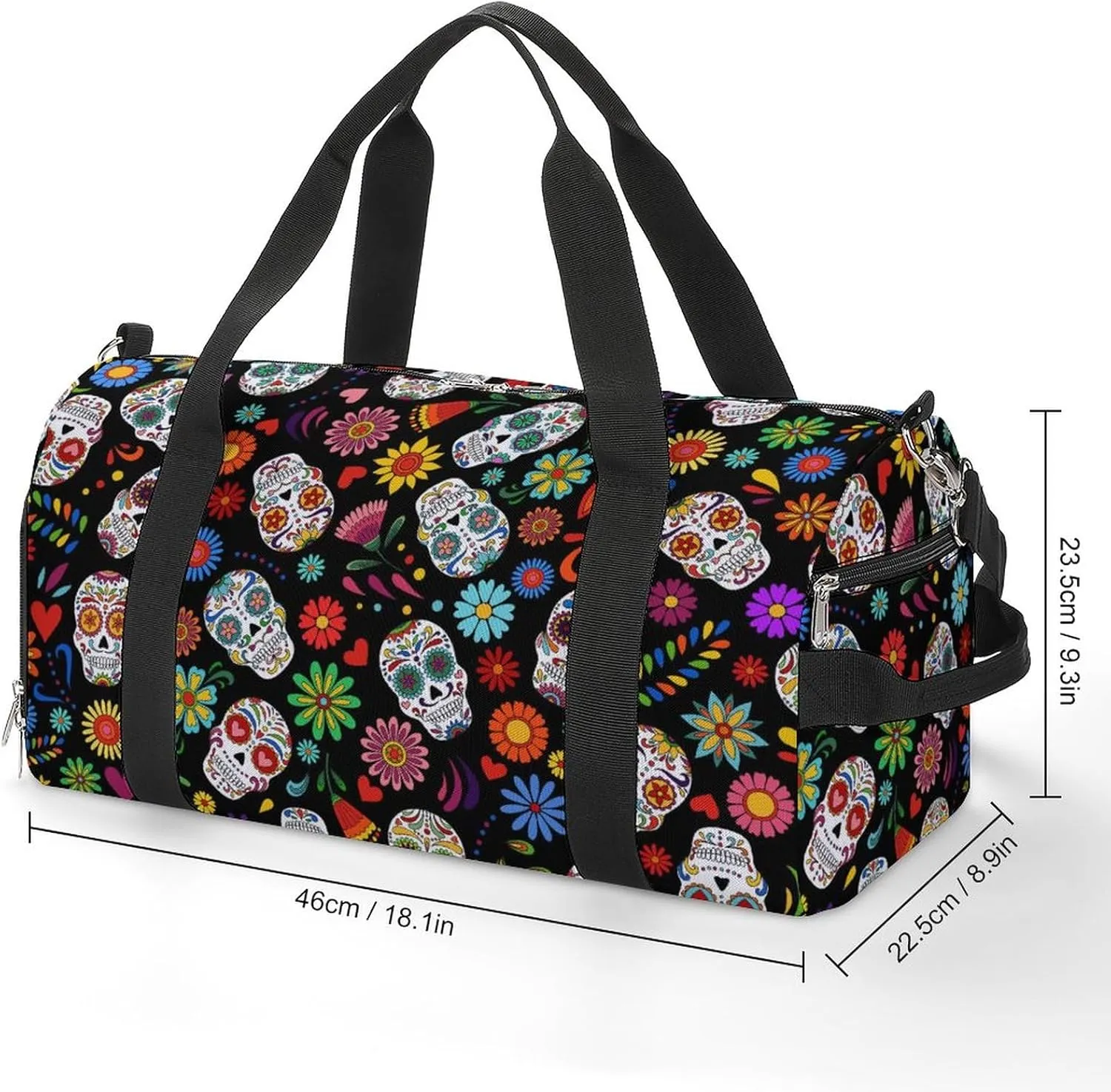 Sugar Skull Pattern Sports Tote Gym Bag for Women Men, Overnight Bag with Shoe Compartment Water Resistant