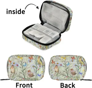 Summer Birds Flowers Pill Box Case 7 Days Colorful Butterfly Portable Weekly Pill Organizer Bag Medicine Container Vitamin Supplements Holder with Zipper for Travel Daily Use