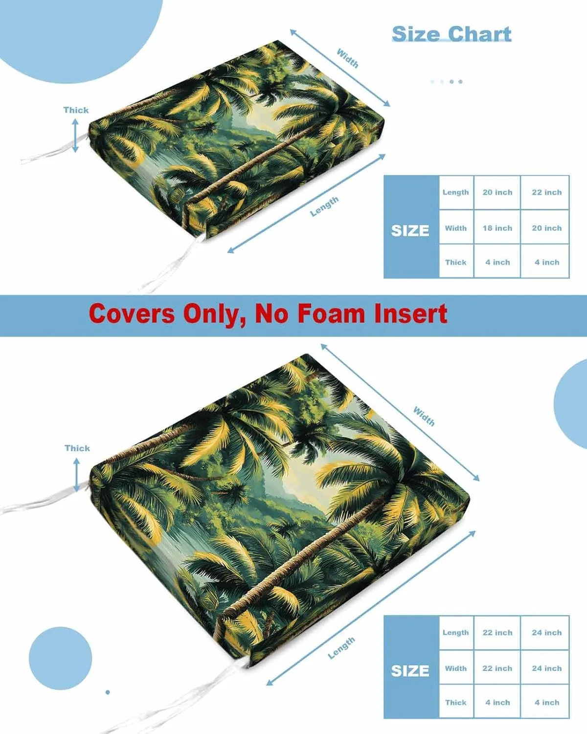 Summer Palm Tree Outdoor Cushion Chair Cover Set of 2 - Waterproof Couch Seat Covers, Tropical Plant Leaves Nature Landscape Patio Furniture Protector Cushions Slipcovers for Sofa/RV, 22"x20"x4"