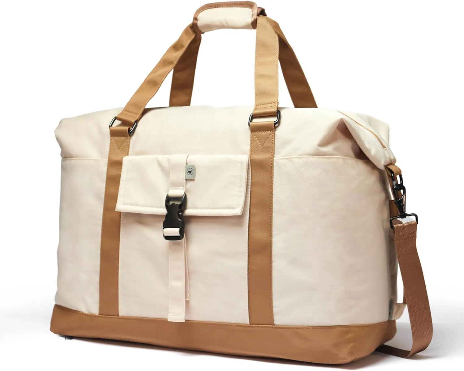 SUNNY BIRD Duffel with Utility Pouch, 40L Weekender Overnight Bag with Shoe Compartment for Travel and Sports (White and brown)