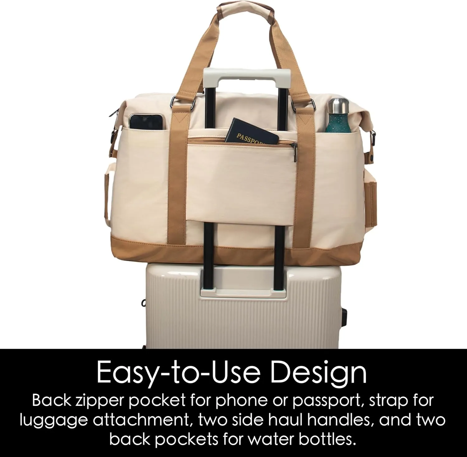 SUNNY BIRD Duffel with Utility Pouch, 40L Weekender Overnight Bag with Shoe Compartment for Travel and Sports (White and brown)